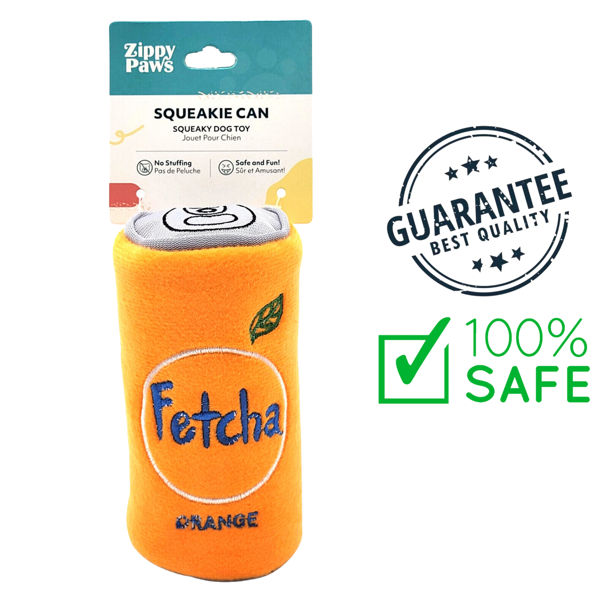 ZippyPaws Squeakie Fetch Dog Toy orange plush can shaped squeaky dog toy with no stuffing