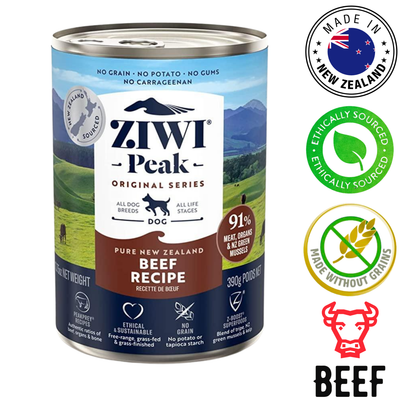 ZIWI beef canned dog food in a 390g can with high-quality ingredients and made in New Zealand