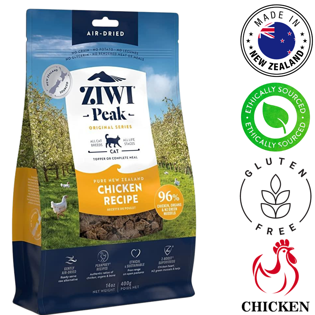 ZIWI chicken air dried cat food in a blue bag with ethical sourcing icons and gluten-free label
