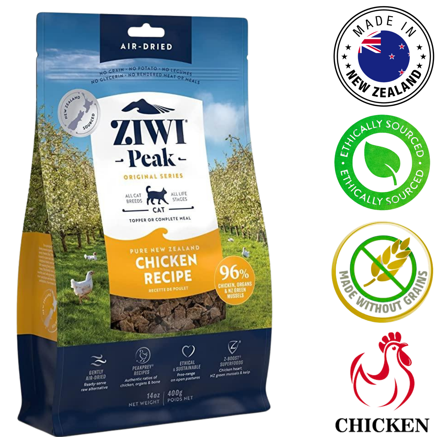 ZIWI chicken air dried cat food in a 400g bag featuring ethically sourced ingredients