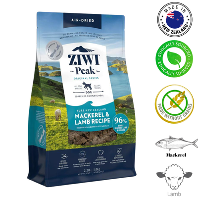 ZIWI mackerel and lamb dog food in a resealable bag, 96% meat, air-dried recipe for healthy dogs