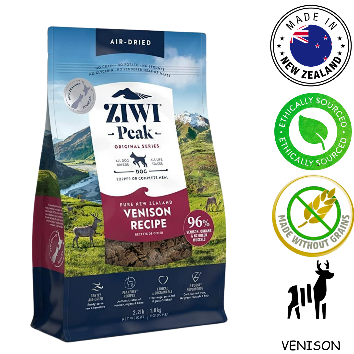ZIWI venison dog food air dried in a bag with scenic New Zealand mountains and ethical sourcing icons