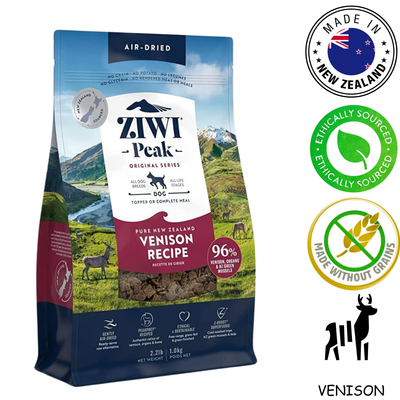 ZIWI venison dog food air dried in a bag with scenic New Zealand mountains and ethical sourcing icons