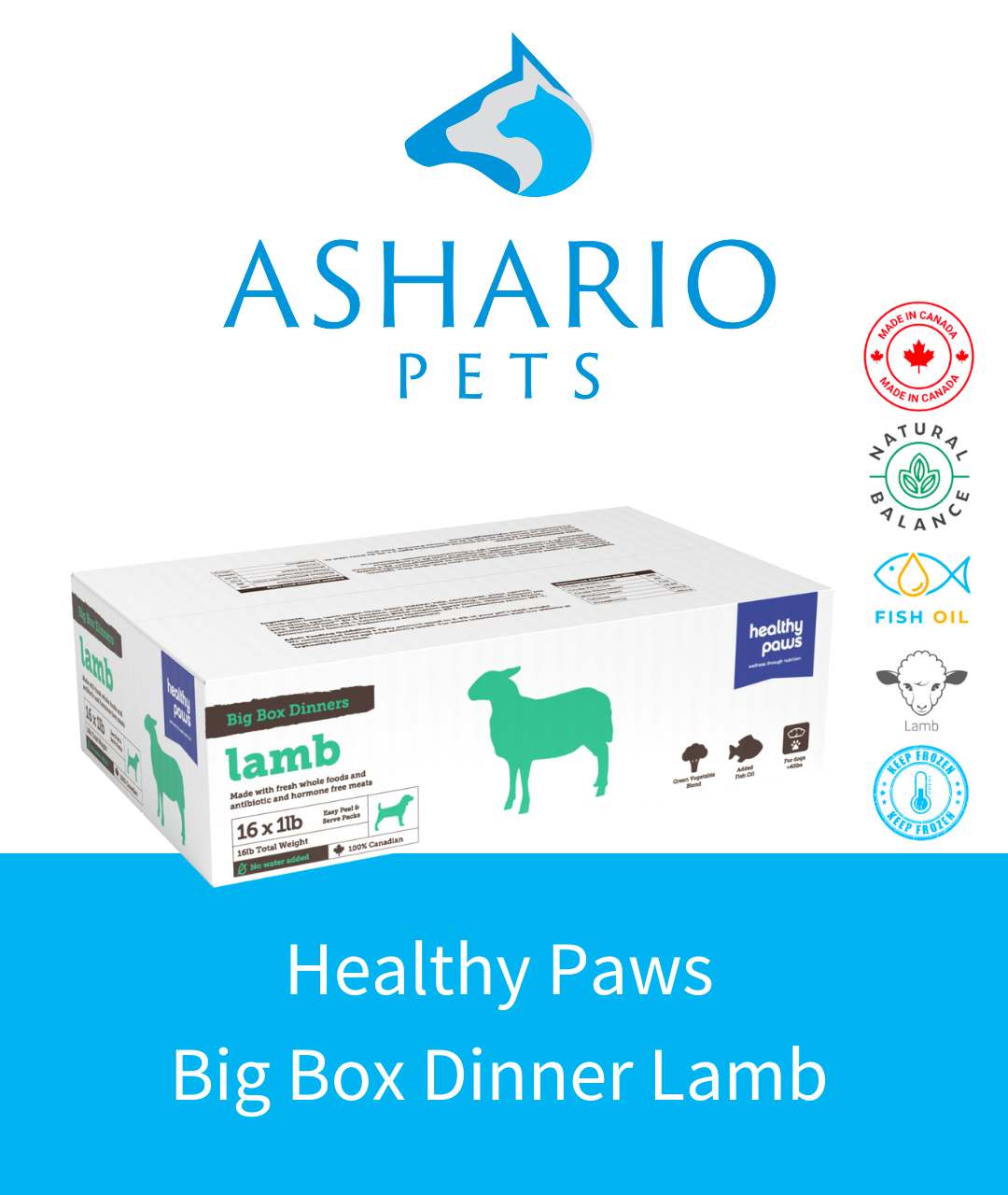 Indulge your pet with Ashario Pets' Healthy Paws Big Box Dinner Lamb, a delectable meal packed with high-quality ingredients to support their health and happiness. 