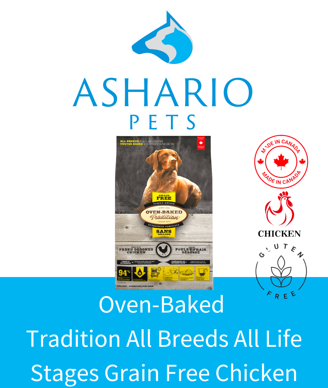 Ashario Pets Store introduces Oven-Baked Tradition All Breeds Grain-Free Chicken Dry Dog Food, meticulously crafted to cater to your dog's dietary needs. 