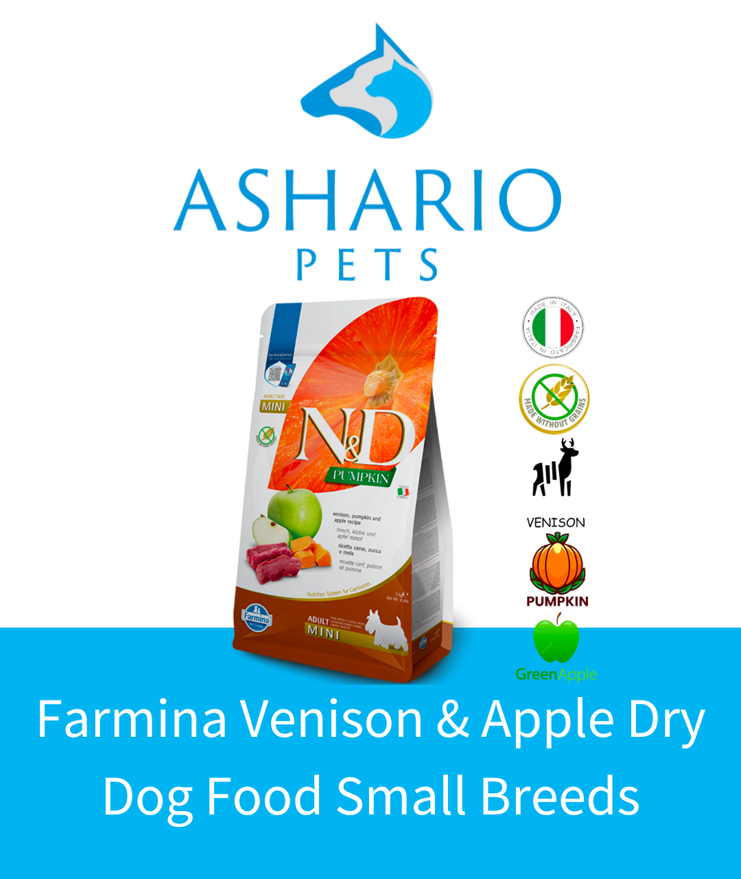 Ashario Pets Store introduces Farmina Venison & Apple Dry Dog Food for Small Breeds, crafted with quality ingredients like venison and apple.