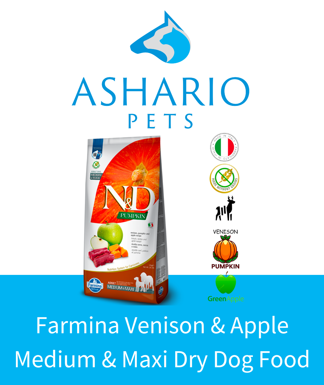 Discover Farmina Venison & Apple Medium & Maxi Dry Dog Food at Ashario Pets Store. This nutrient-rich formula features venison and apple to provide optimal nourishment for medium and large breed dogs.