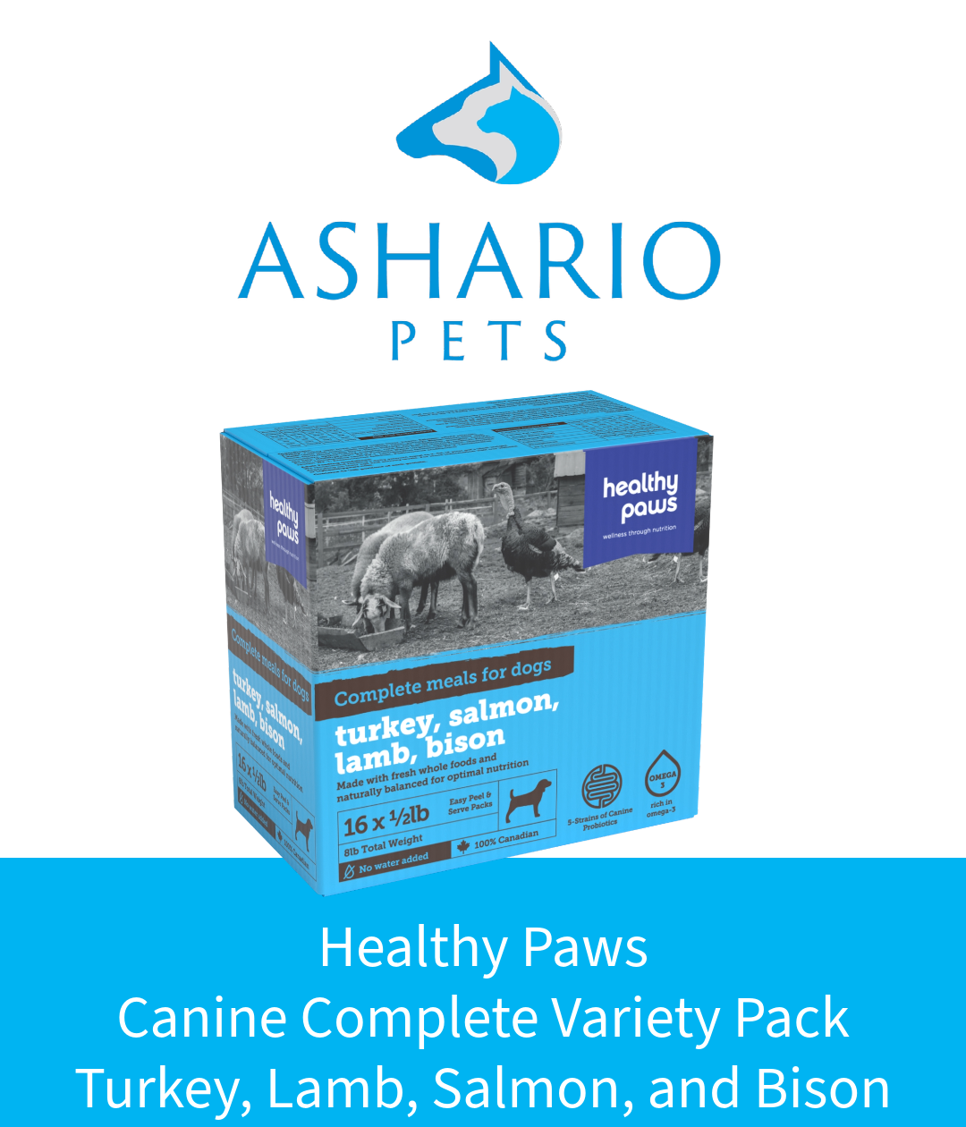Elevate your pet's diet with the Healthy Paws Canine Complete Variety Pack, offering a balanced selection of turkey, lamb, salmon, and bison. 