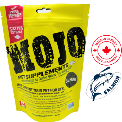 MOJO Pet Supplements with Hemp Salmon Flavoured Treats 138 Grams, healthy and tasty treats for dogs. Infused with hemp for additional benefits.	