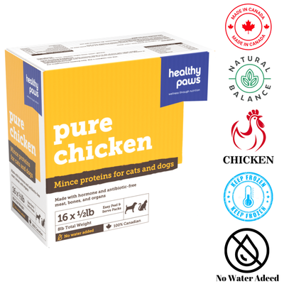 Healthy Paws Pure Mince Chicken & Organ 0.5 lb, providing balanced nutrition with high-quality chicken and organ meat. Ideal for pet stores offering nutritious dog food.	