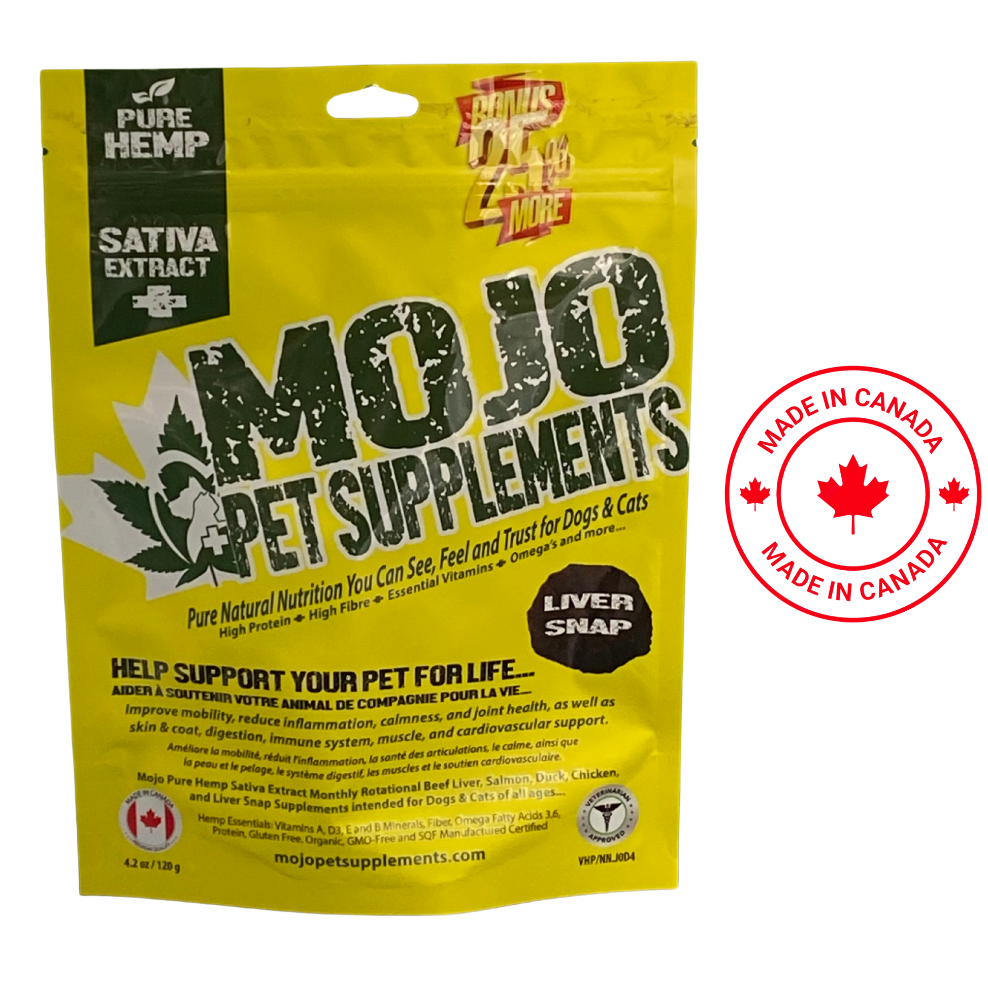 MOJO Pet Supplements with Hemp Liver Snap Flavoured Treats 120 Grams, tasty and healthy treats for dogs. Infused with hemp for additional health benefits.	