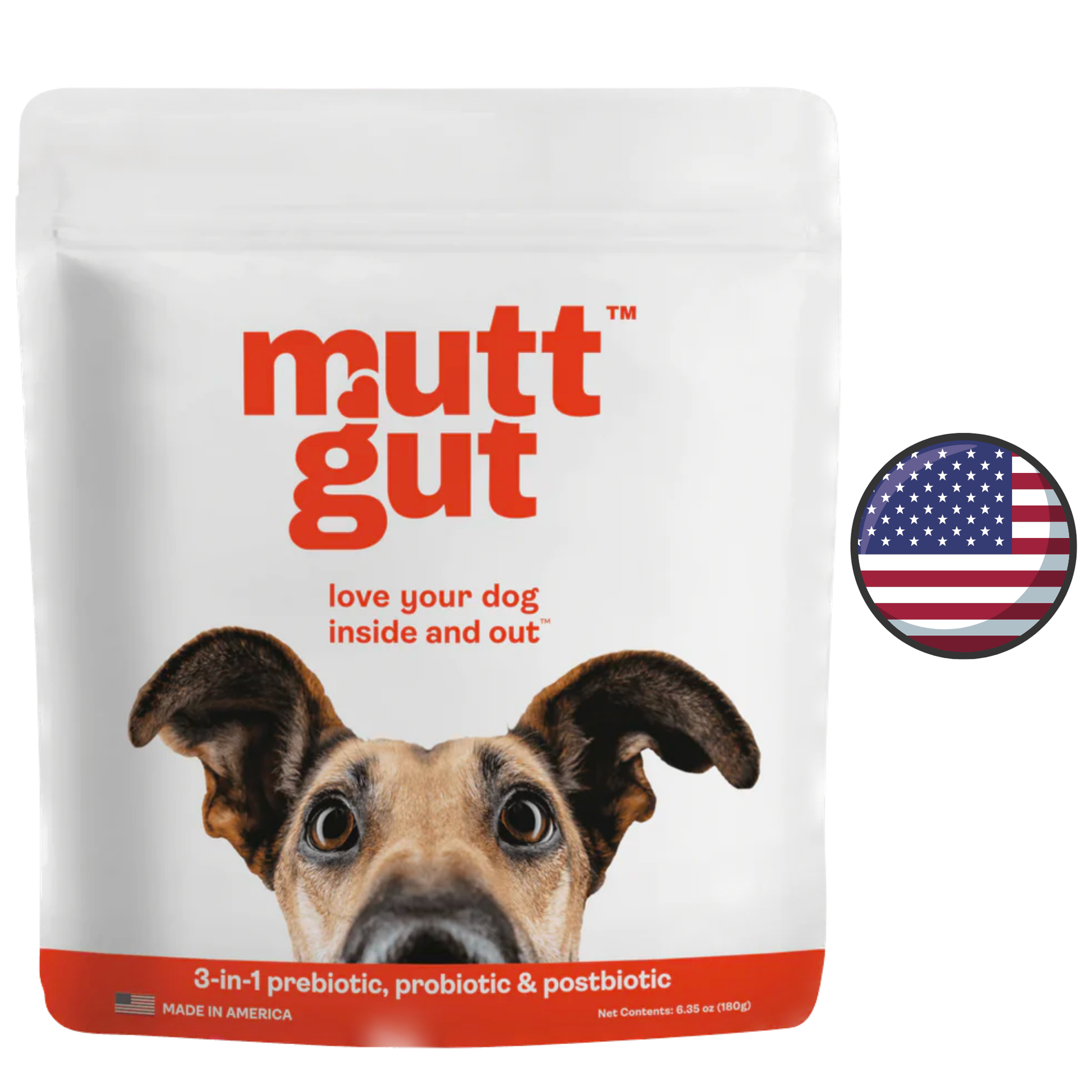 MuttGutt 3-1 Gut Support 90 Grams, comprehensive gut support for dogs. Promotes healthy digestion and gut flora with a blend of prebiotics and probiotics.	