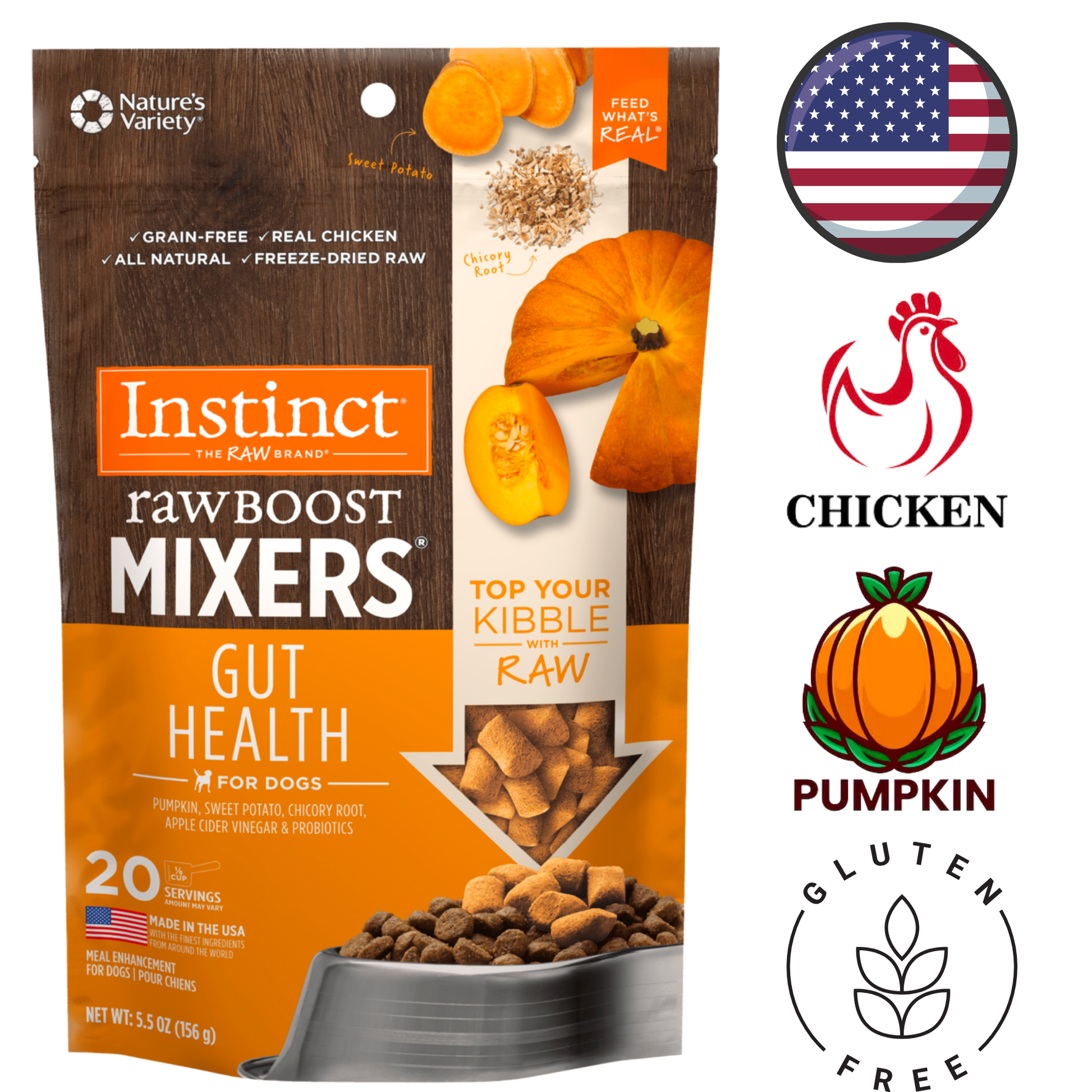 Instinct Raw Boost Mixers Gut Health Freeze Dried Topper Dog 5.5 Oz, promotes healthy digestion with natural probiotics. Available at pet stores in North York, Toronto.	