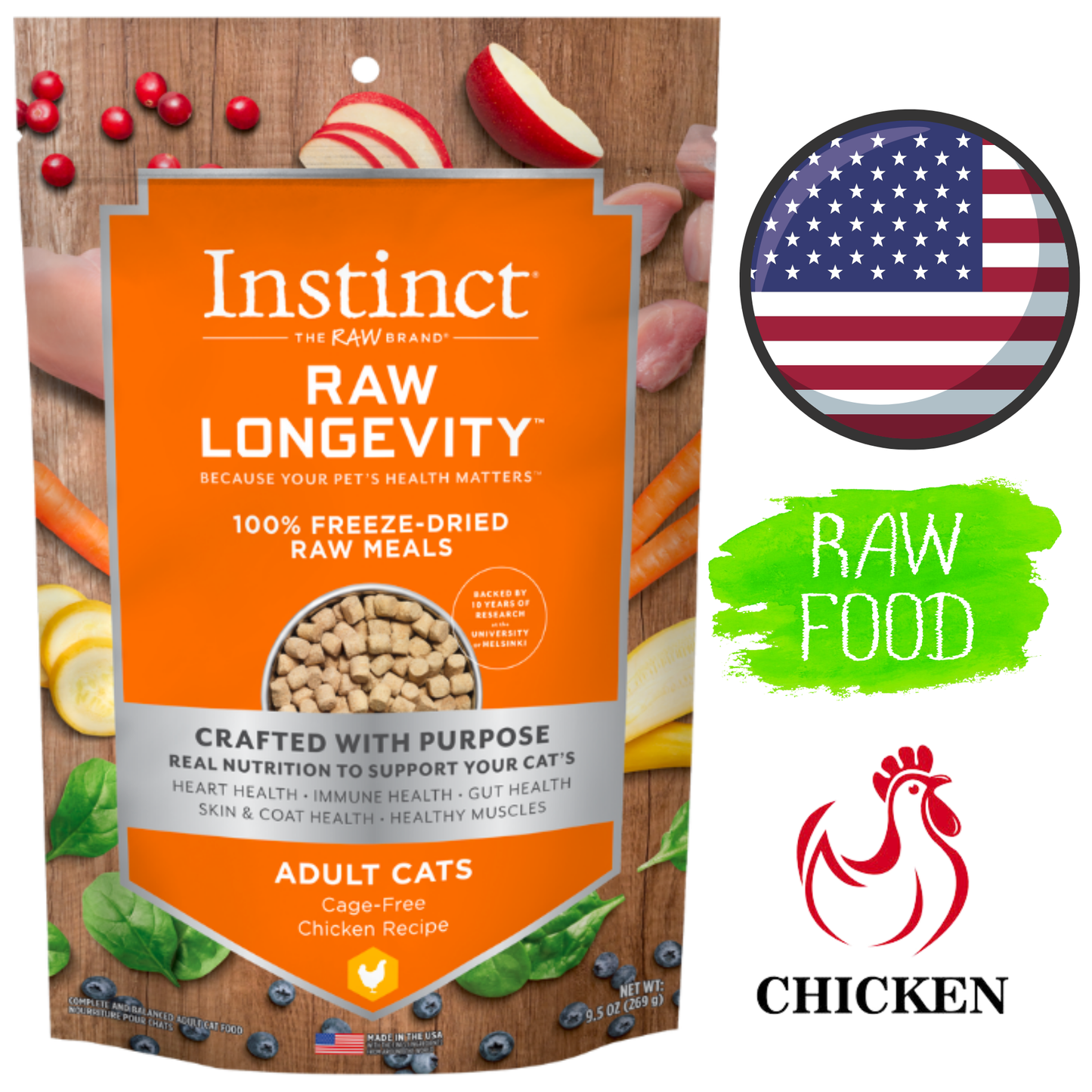 Instinct Raw Freeze Dried Raw Meals Adult Chicken Cat Food 9.5 Oz, provides complete and balanced nutrition with high-quality chicken. Available at pet stores in North York, Toronto.	