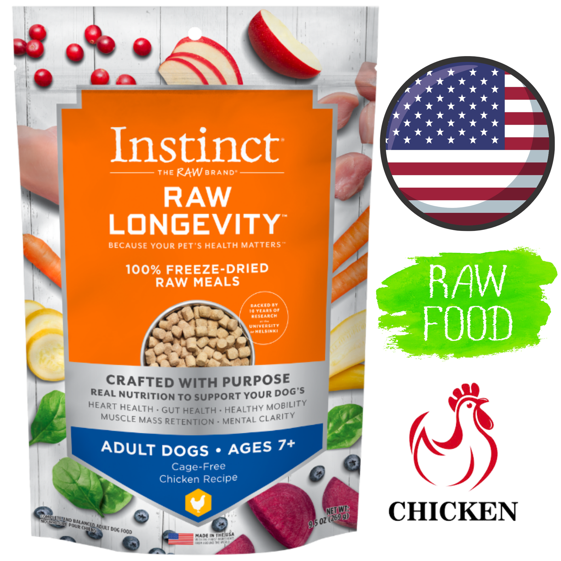 Instinct Raw Longevity Freeze Dried Raw Meals Adult 7 Plus Chicken Dog 9.5 Oz, promotes longevity with high-quality chicken. Available at pet stores in North York, Toronto.	