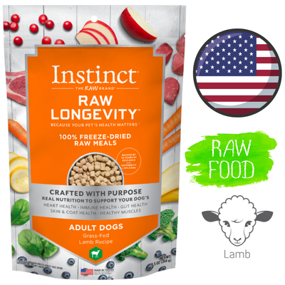 Instinct Raw Longevity Freeze Dried Raw Meals Adult Lamb Dog Food 9.5 Oz, promotes longevity with high-quality lamb. Available at pet stores in North York, Toronto.	