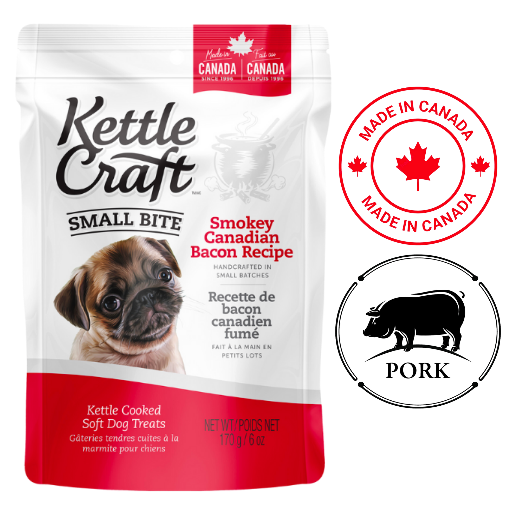 Kettle Craft Smokey Canadian Bacon Small Bite Dog Treats 170 Grams, perfect for small dogs. Delicious and healthy treats, available at Ashario Pets in North York, Toronto.	