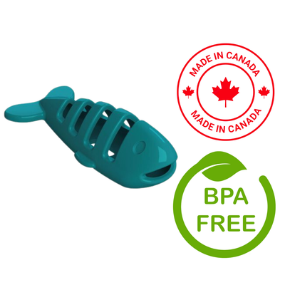 Aikiou Blue Fish Cat Toy made in Canada, BPA free, designed to entertain cats while promoting their health and safety.