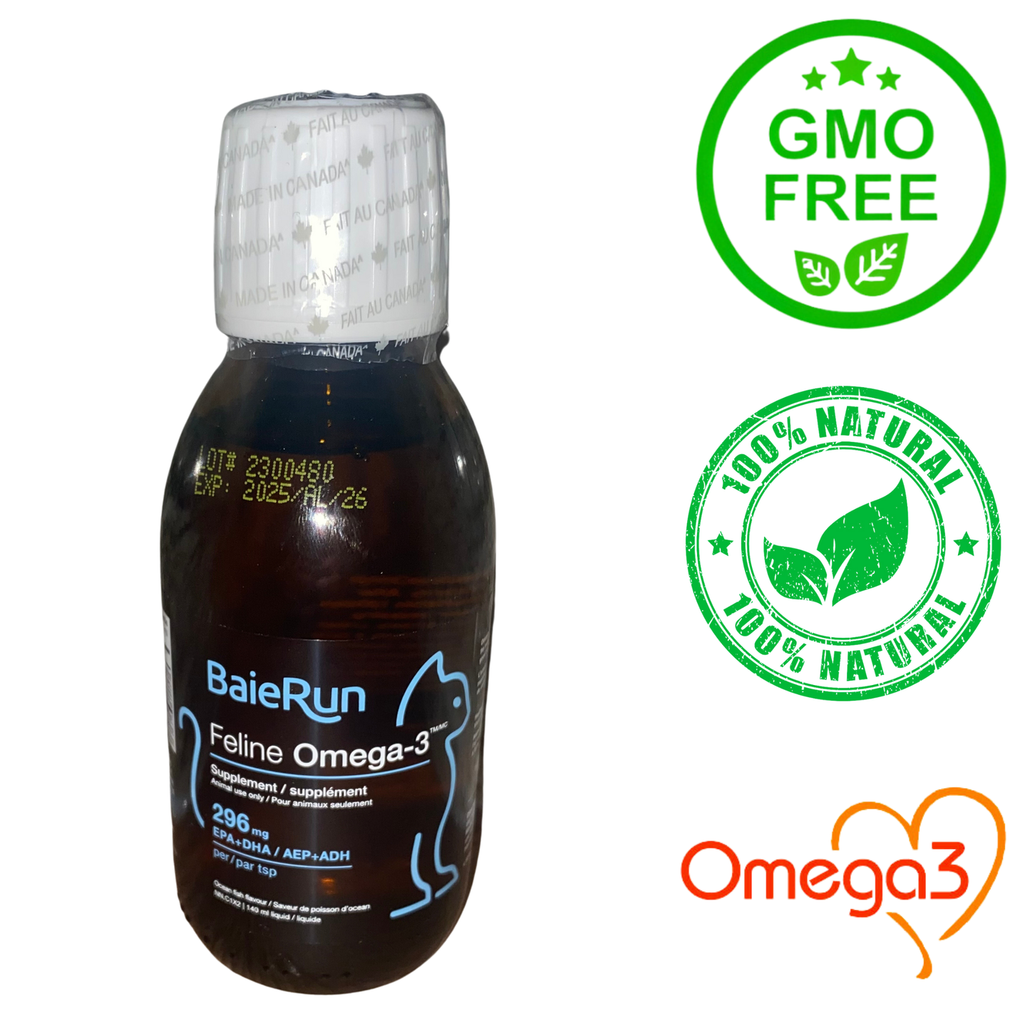 BaieRun Feline Omega 3 140 mL, rich in Omega-3 fatty acids from pure fish oil, supports joint health, mobility, cardiovascular health, allergies relief, and promotes shiny coat and healthy skin