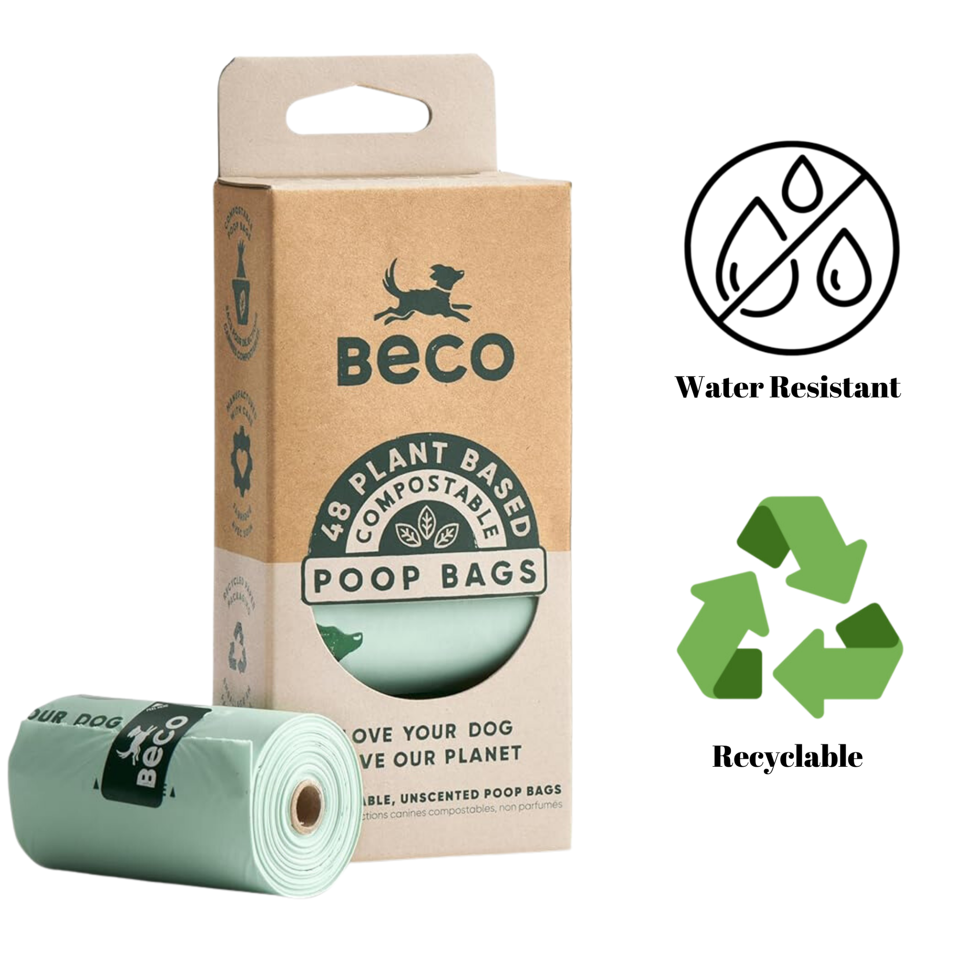 Beco Unscented Compostable Poop Bags 48 Pack, eco-friendly solution for pet waste, compostable materials, unscented for sensitive pets, strong, leak-proof, tear-resistant.