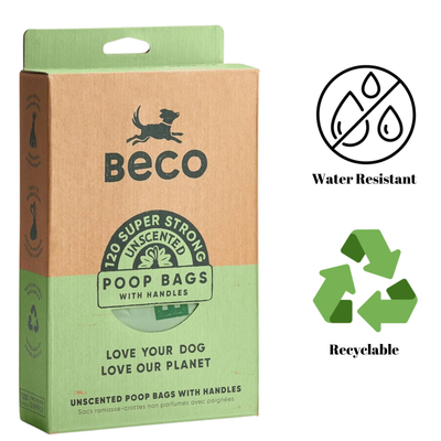 Beco Poop Bags with Handles 120 Pack, sustainable and odorless pet waste disposal solution, made from compostable plant-based materials, strong, leak-proof, tear-resistant, ideal for sensitive pets