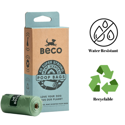 Beco Scented Poop Bags Mint 60 Pack, eco-friendly and odour-neutralizing pet waste disposal, plant-based materials, mint-scented for odour masking, strong, leak-proof, tear-resistant.