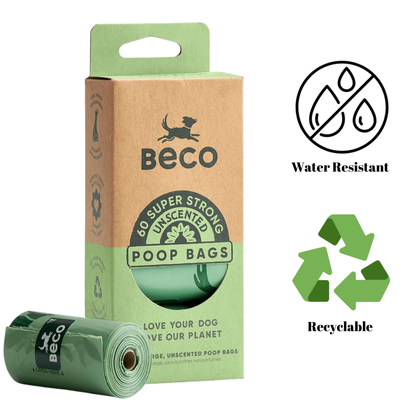 Beco Unscented Poop Travel Bags 60 Pack, sustainable and odorless pet waste disposal solution, compostable plant-based materials, unscented for sensitive pets, strong, leak-proof, tear-resistant, reliable and hygienic cleanup.