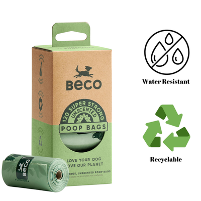 Beco Unscented Poop Bags 120 Pack, sustainable and odorless pet waste disposal solution, compostable plant-based materials, unscented for sensitive pets, strong, leak-proof, tear-resistant, reliable and hygienic cleanup.