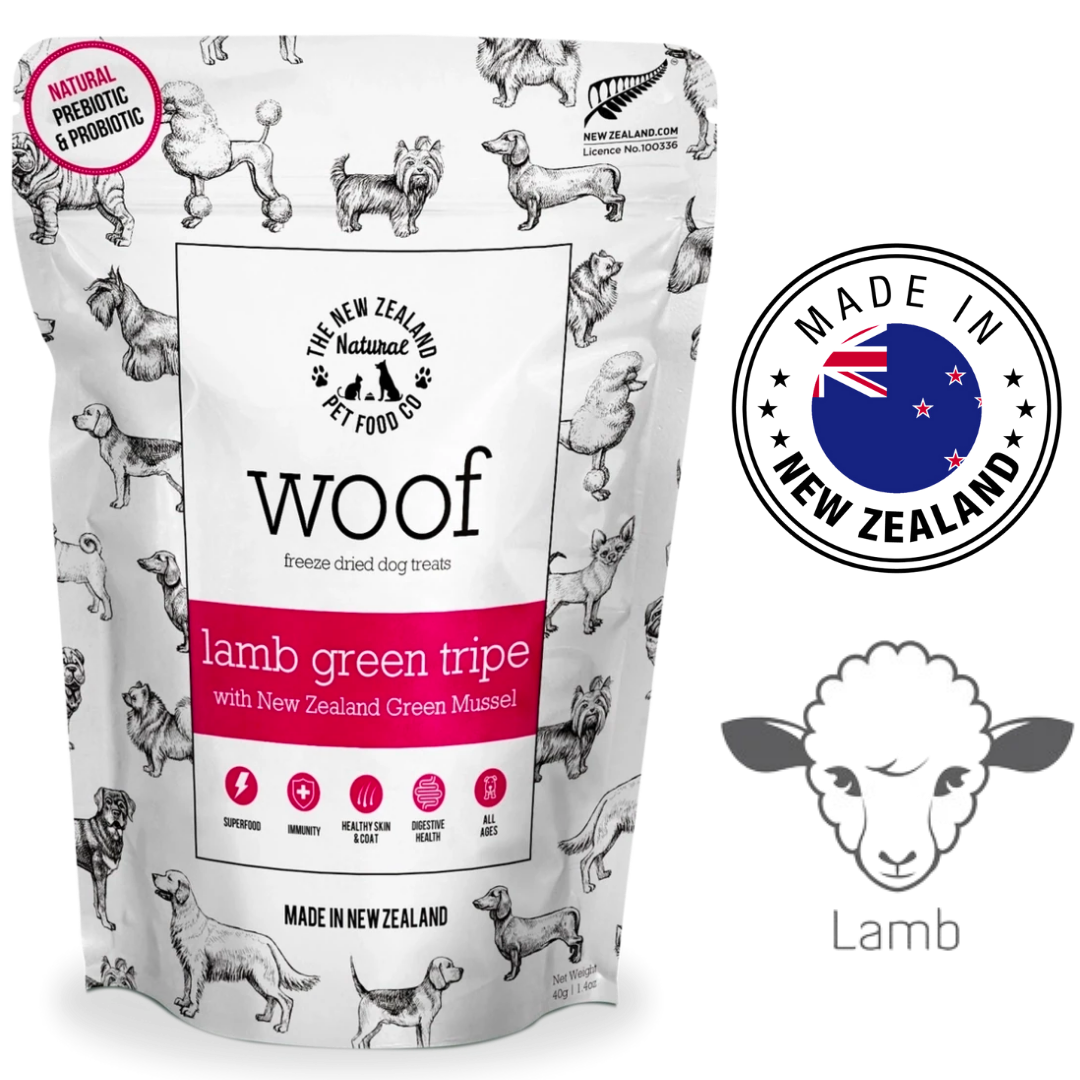 NZPF Woof Lamb Green Tripe with Green Lipped Mussels Freeze Dried Dog Treats 40 Grams, premium treats combining lamb green tripe and green-lipped mussels.