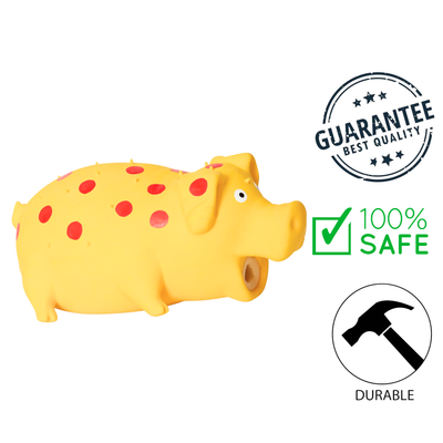 BuD'z Yellow Latex Spotted Pig Squeaker Dog, made of soft latex and high-quality materials for durability and long-lasting use, soft and flexible for safe play, provides tactile stimulation and encourages interactive play.