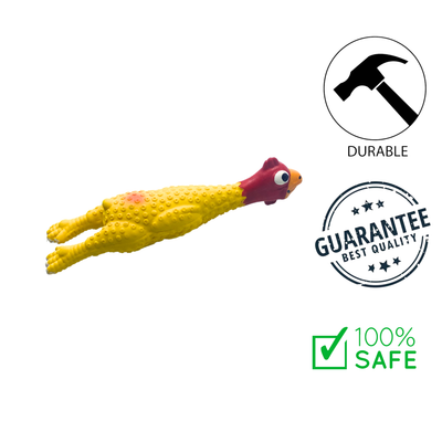 BuD'z Yellow Latex Chicken Squeaker Dog, made of soft latex and high-quality materials for durability and long-lasting use, soft and flexible for safe play, provides tactile stimulation and encourages interactive play.