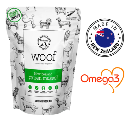 NZPF Woof Green Lipped Mussels Freeze Dried Dog Treats 50 Grams, healthy treats for dogs. Made with green-lipped mussels, freeze-dried to retain nutrients.	