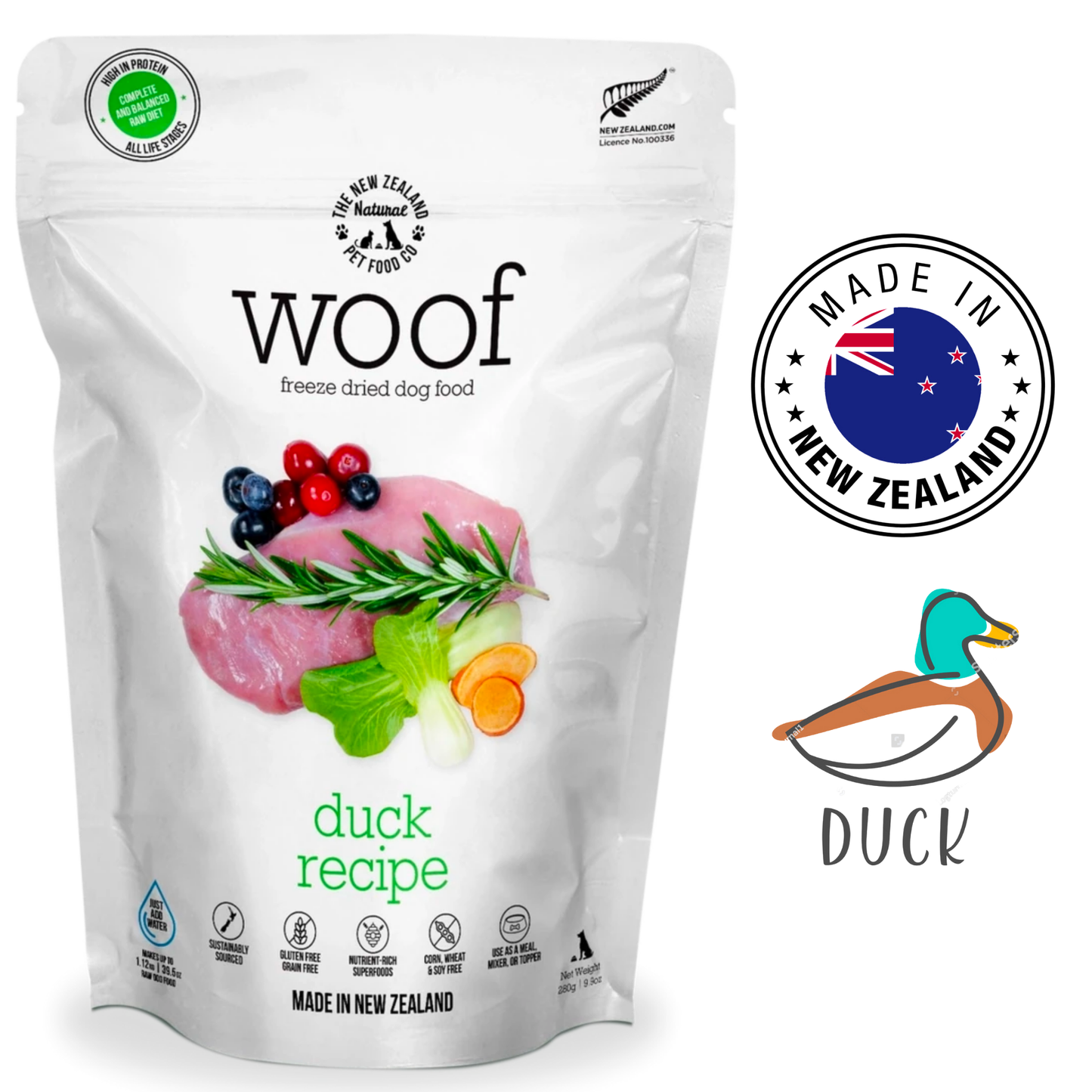 NZPF Woof Duck Freeze Dried Dog Food 280 Grams, high-quality freeze-dried food for dogs. Made with duck for a complete and balanced diet.	