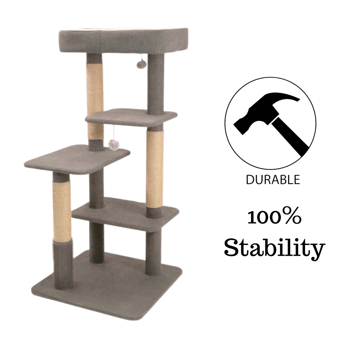 BuD'z Soho Large 4 Level Grey Cat tree, cozy elevated spot for lounging and observing, designed for entertainment and comfort with plush fabric, meets jumping, climbing, scratching, and purring needs, promotes relaxation and anxiety relief for contented cats.