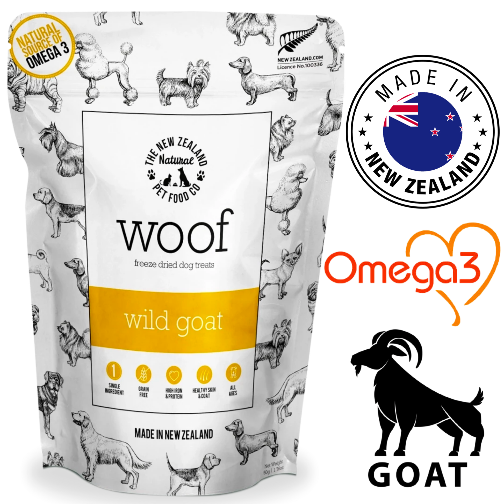 NZPF Woof Freeze Dried Wild Goat Dog Treats 50 Grams, premium treats for dogs. Made with wild goat, freeze-dried to preserve nutrients and flavor.	