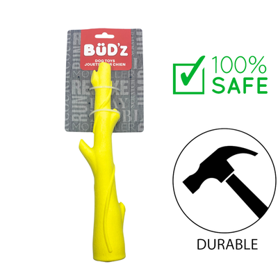 BuD'z Rubber Foam Branch Yellow Dog toy made of durable materials for energetic play and chewing, durable and safe, affordable with a wide selection of bright colors, keeps dogs active for shared moments of joy.