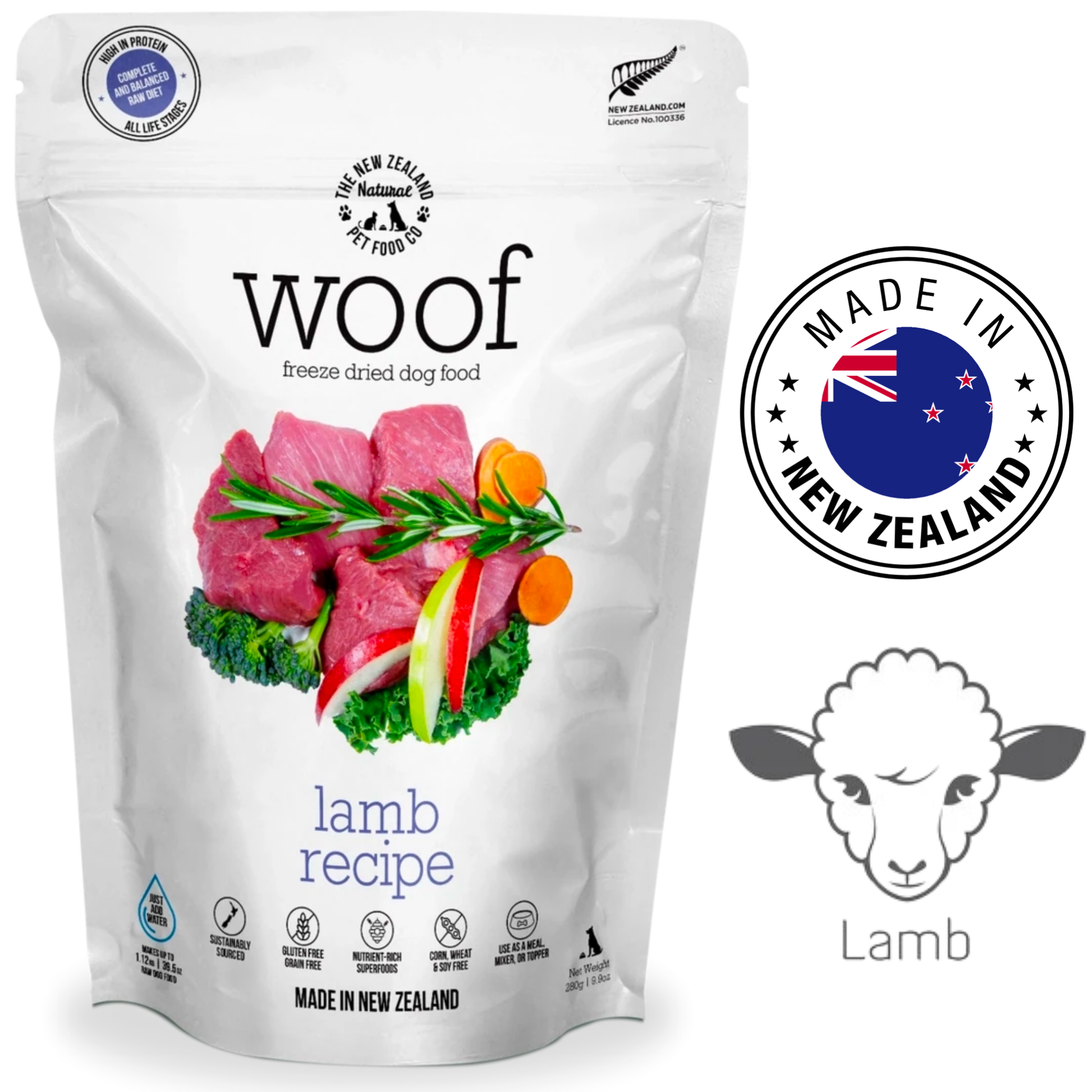 NZPF Woof Lamb Freeze Dried Dog Food 280 Grams, delicious and nutritious food for dogs. Made with lamb, providing a complete and balanced diet.	