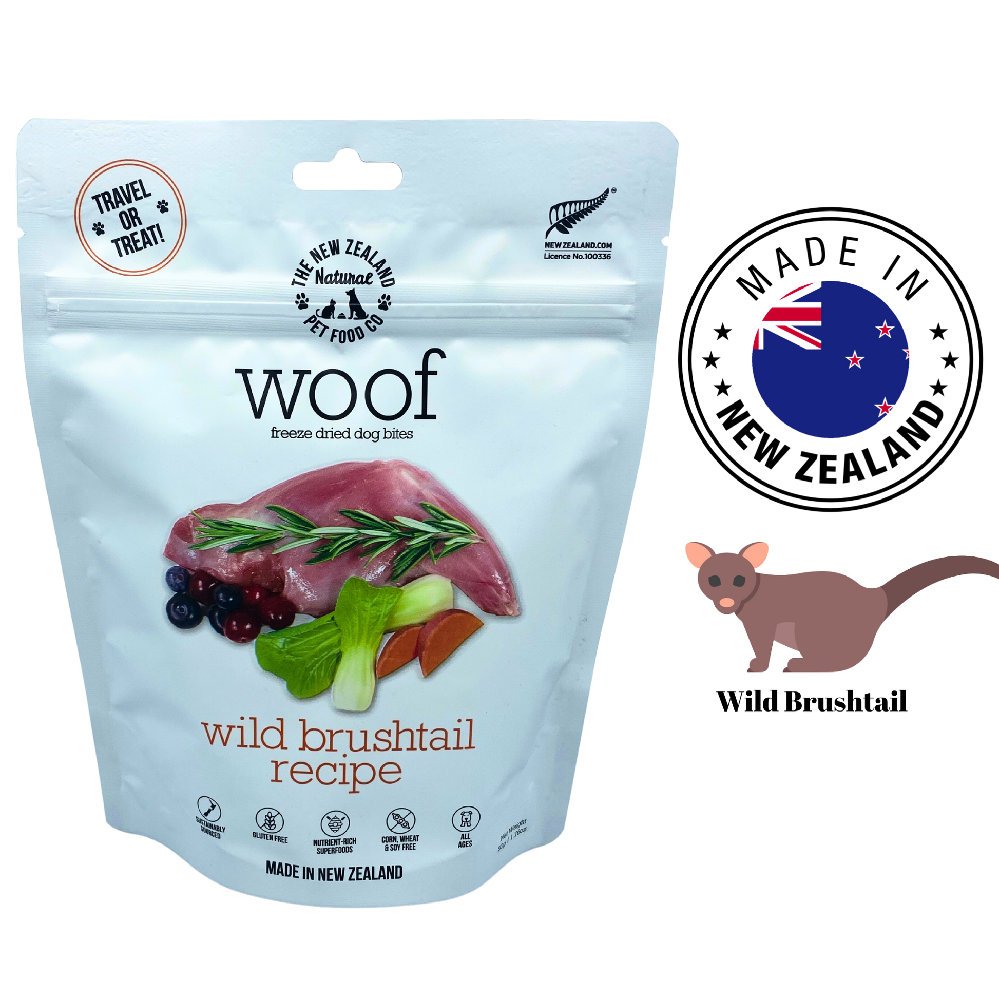 NZPF Woof Wild Brushtail Freeze Dried Dog Bites 50 Grams, high-quality treats for dogs. Wild brushtail provides a healthy and tasty snack, perfect for rewards.