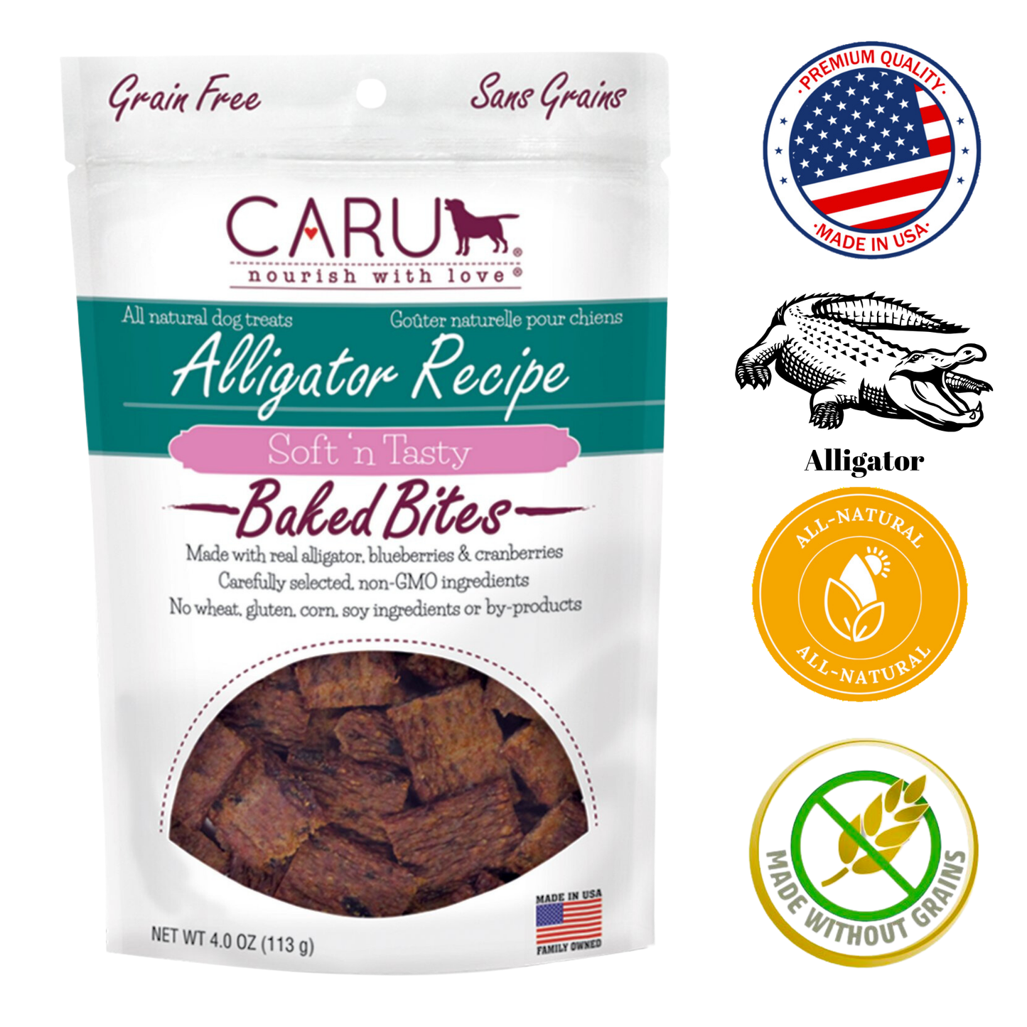 Caru Alligator Bites for Dogs 3.75 oz, nutritious and high-protein alligator bites, promotes healthy eating and active lifestyle, tasty dog treats​​​​.