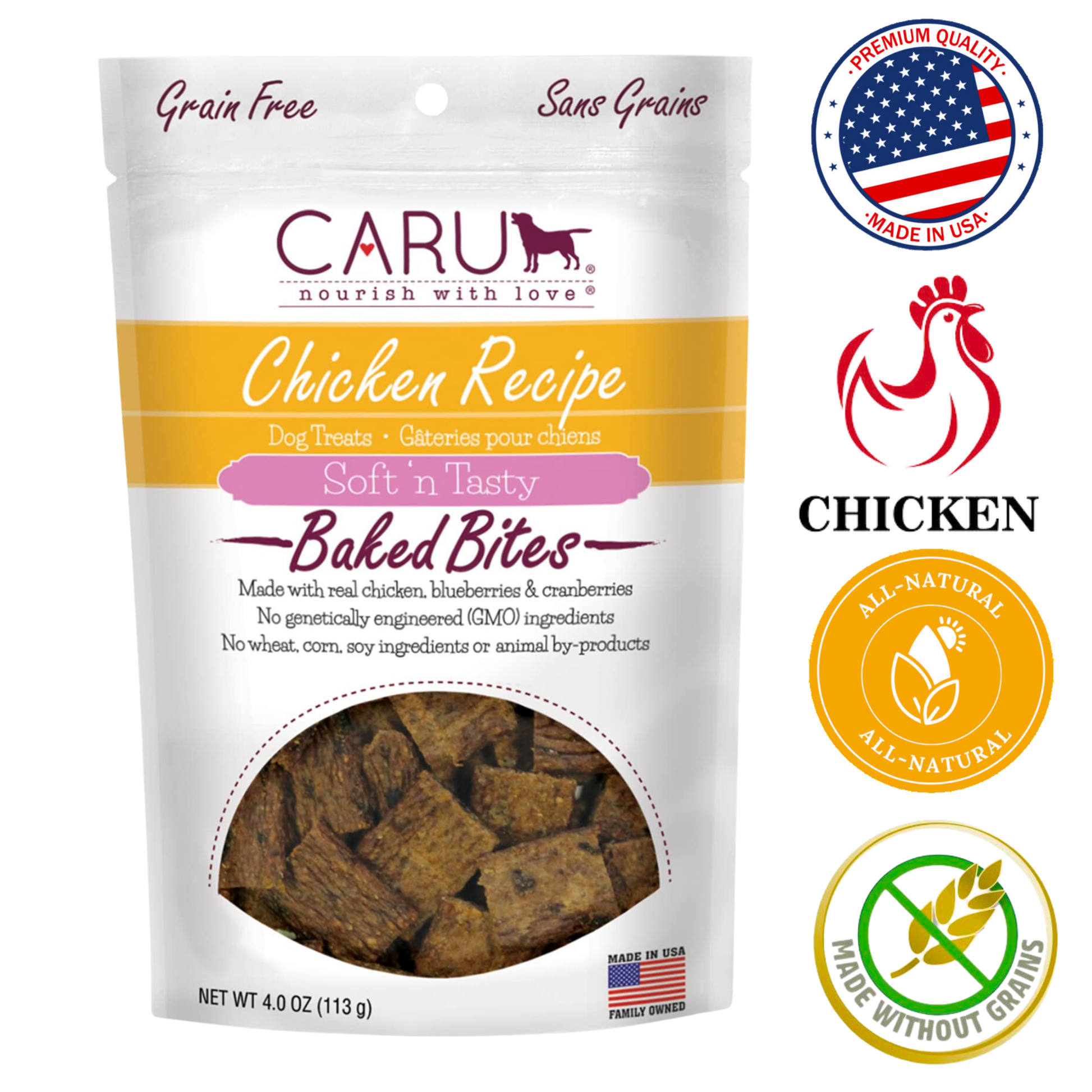 Caru Chicken Bites for Dogs 4 oz, nutritious chicken bites, high-protein dog treats, supports healthy eating and active lifestyle​​​​.