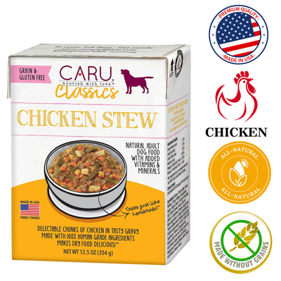 Caru Classic Stews for Dogs Real Chicken Stew 12.5 oz, classic chicken stew, nutritious dog food, supports a healthy diet and overall satisfaction​​​​.