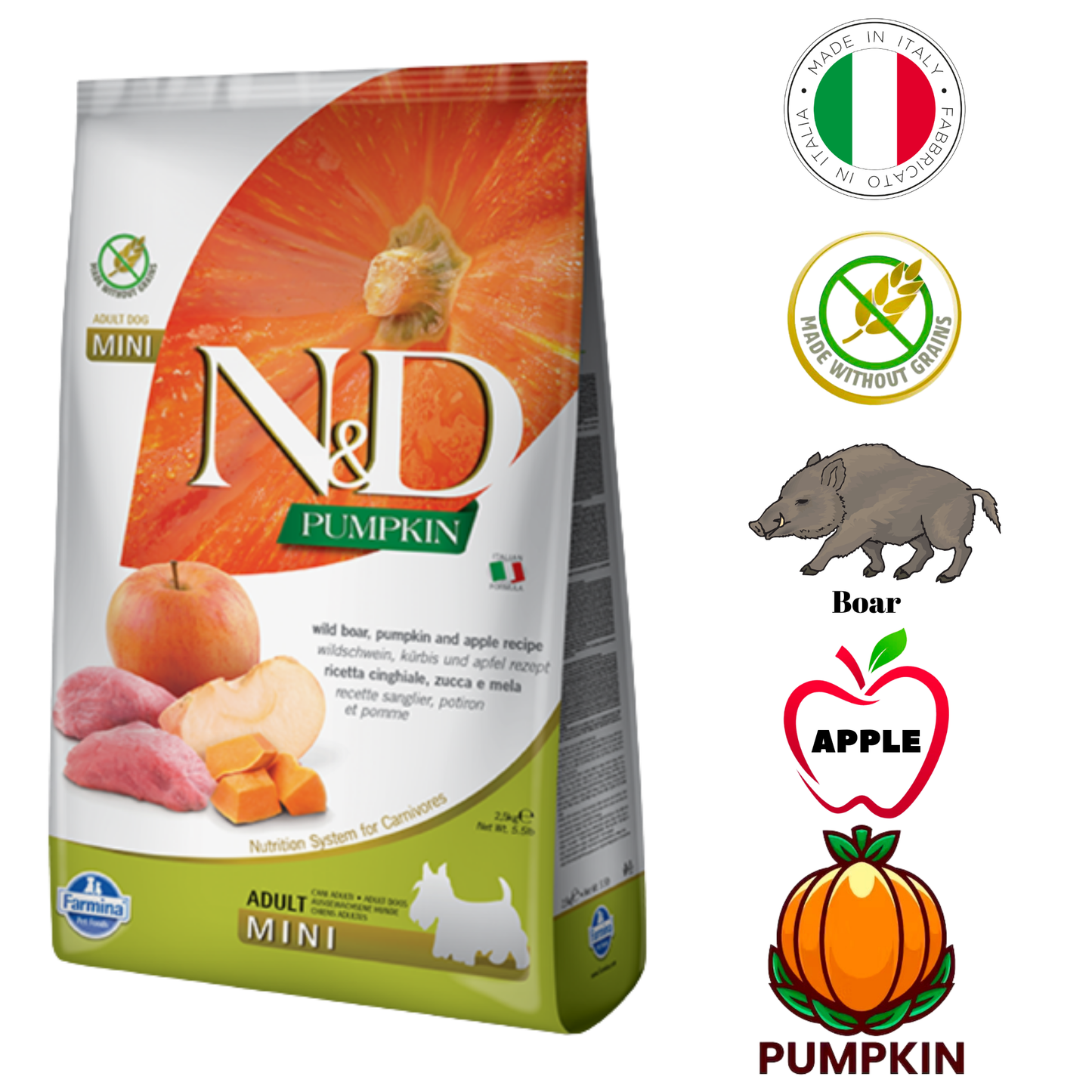 Farmina Boar & Apple Dry Dog Food Small Breeds 5.5 lb, premium formula with boar and apple for small breed dogs.