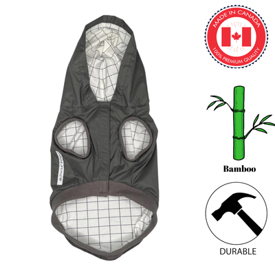 Sharper Barker Rain Jacket Shadow, Sizes 0-6, a durable and stylish rain jacket for dogs. Available at Toronto pet stores.	