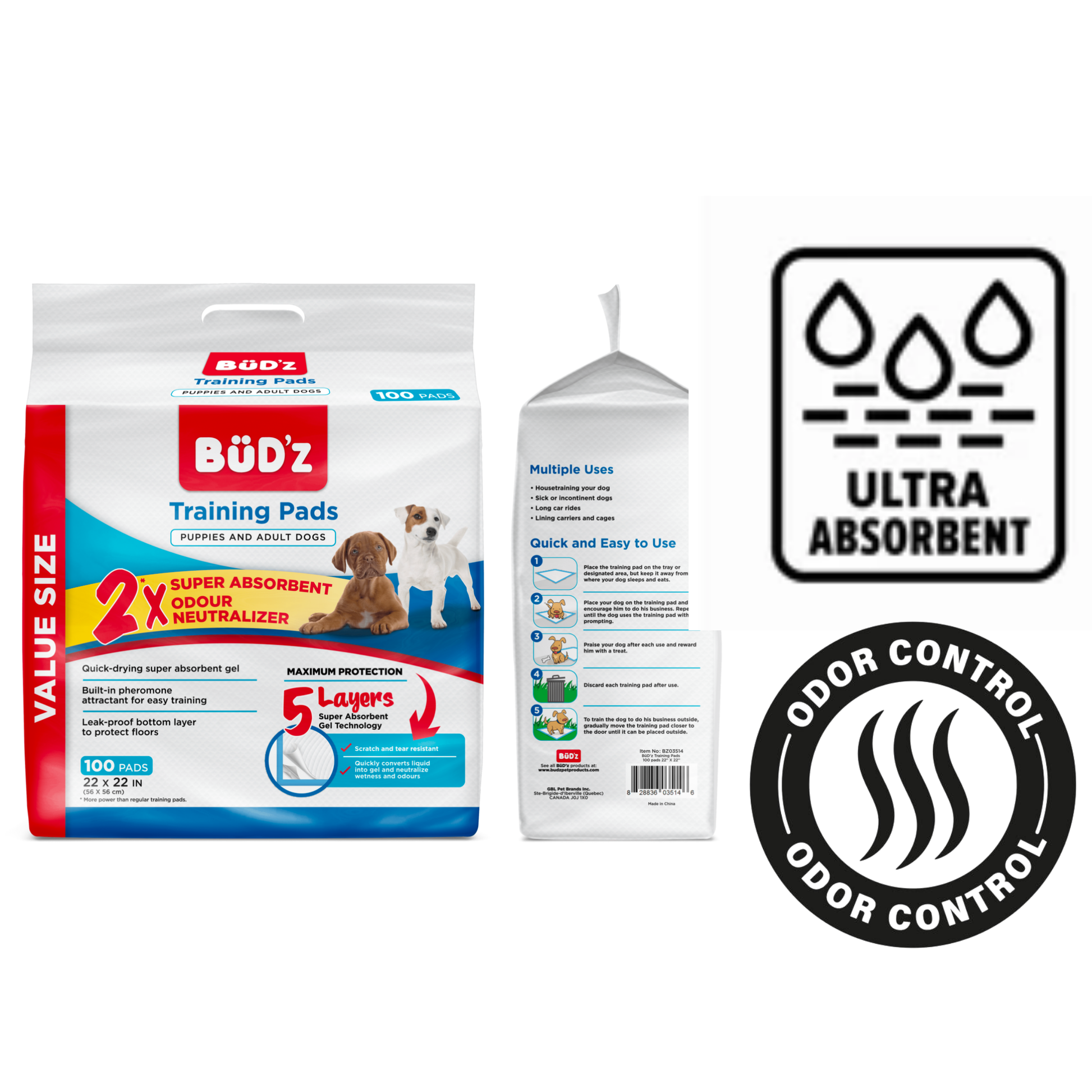 BuD'z Disposable Training Pads for Dogs - Available in 50 pads and 100 pads. Twice as absorbent as standard mats, neutralizes odors, 5 layers for maximum protection. Ideal for puppies and adult dogs.