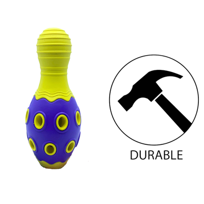 BuD'z Rubber Astro Bowling Pin Yellow Dog toy designed for interactive play, durable and safe for energetic chewing, affordable with bright colors to keep dogs active and ensure shared moments of joy.