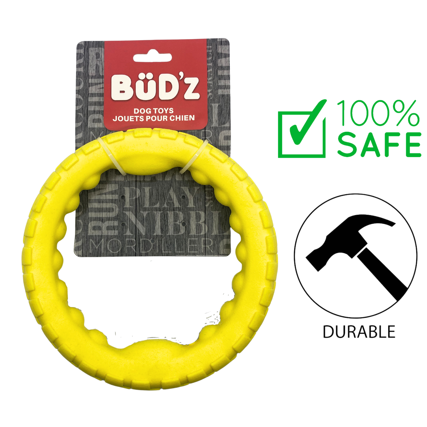 BuD'z Rubber Ring Foam Branch Yellow Dog toy, designed for interactive play and chewing, crafted from durable materials for safety and longevity. Affordable and available in vibrant colors to keep dogs active and ensure shared moments of joy.