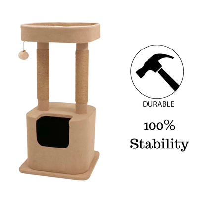 BuD'z Soho Small Cat Tree, provides a cozy spot for your cat to lounge and observe, designed for entertainment and comfort with plush fabric, meets jumping, climbing, scratching, and purring needs, promotes relaxation and anxiety relief for contented cats.