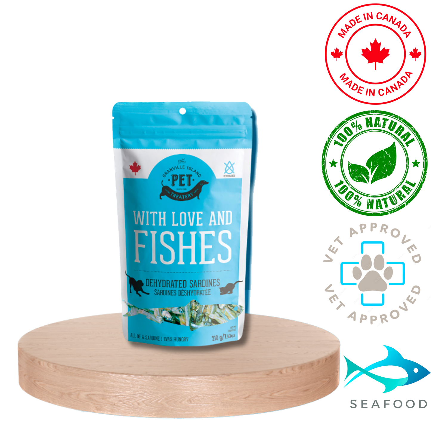 Granville Island Pet Treatery Dried Sardines, provides essential nutrients for dogs, promotes healthy skin and coat with omega-3 fatty acids.