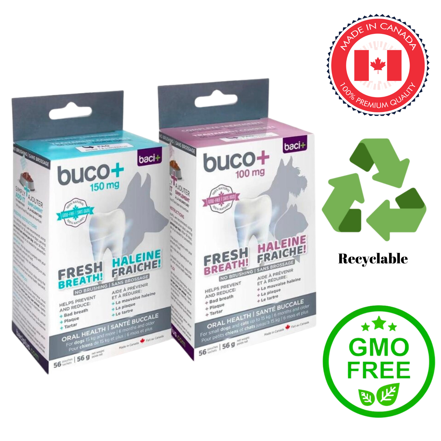 Baci+ Buco+ for Dogs and Cats 35 Grams, 56 Grams, specialized dietary supplement supporting oral health and fresh breath, prevents plaque and tartar buildup, available for purchase at your pet store