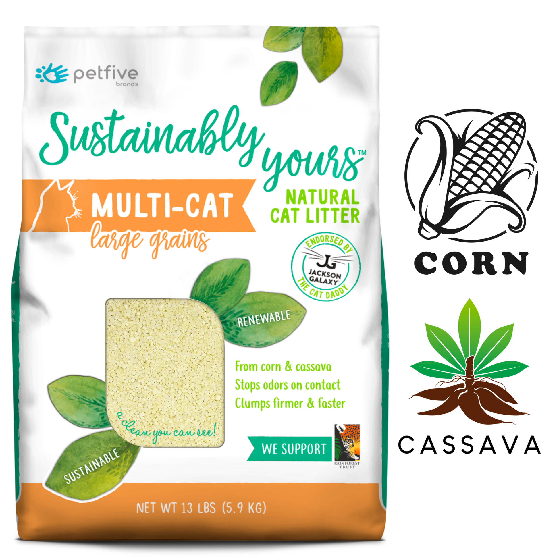 Sustainably Yours Natural Biodegradable Multicat Large Grains Cat Litter, 13 lb, eco-friendly and effective for multi-cat households. Available at North York pet stores.	